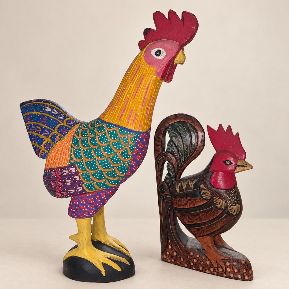 Vintage Hand Painted Wooden Chicken Pair Large 21.5in Rooster Folk Art Decor